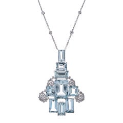 Large Aquamarine and DIamond Stacked Platinum Pendant