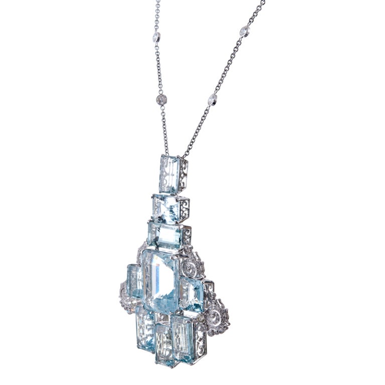 Women's Large Aquamarine and DIamond Stacked Platinum Pendant