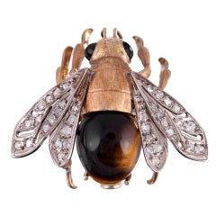 Antique Fine Edwardian Bee Pin with Tiger's Eye and Diamonds