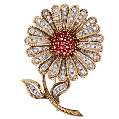 Three-dimensional twisted gold Diamond Ruby Daisy Brooch 2
