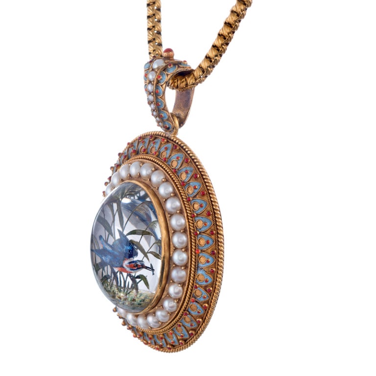 Incredible Reverse Painted Essex Crystal, Pearl & Enamel Pendant