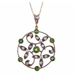 American Art Nouveau Demantoid Garnet Diamond Pearl Gold Pendant