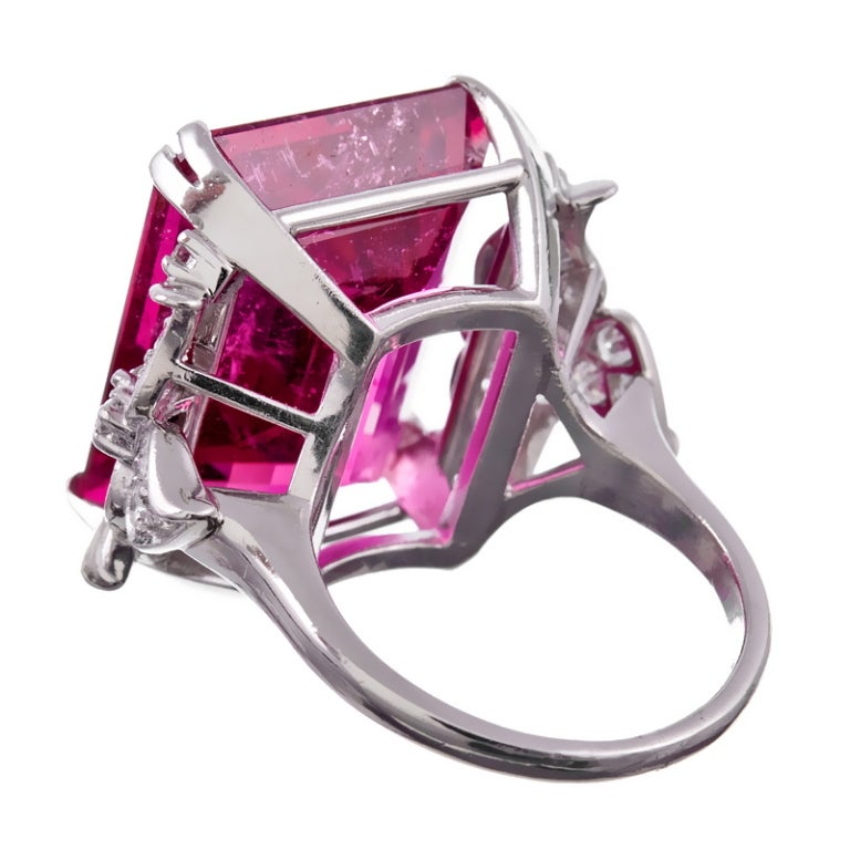 Women's 1950s Striking 22 Carat Pink Tourmaline and Diamond Leaf Ring