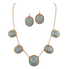 Antique Turquoise and Natural Pearl Necklace and Earrings Suite