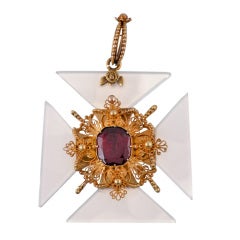 Etruscan Revival Chalcedony and Garnet Yellow Gold Maltese Cross