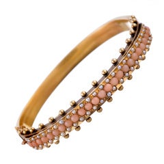 "Angel Skin" Coral and Seed Pearl Yellow Gold Victorian Bangle