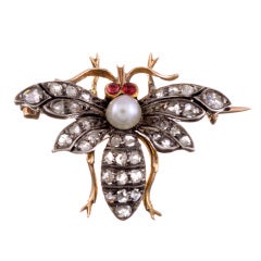 Antique Whimsical Victorian Ruby Rose Cut Diamond Silver Gold Bee