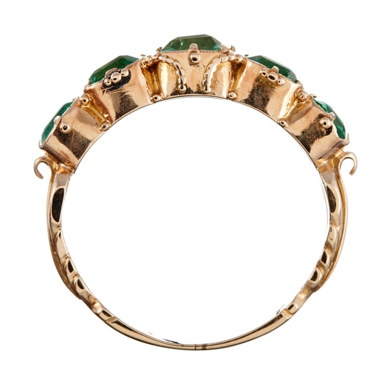 Women's Antique Five Stone English Carved Emerald Yellow Gold Ring
