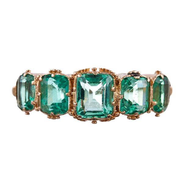 Antique Five Stone English Carved Emerald Yellow Gold Ring at 1stDibs