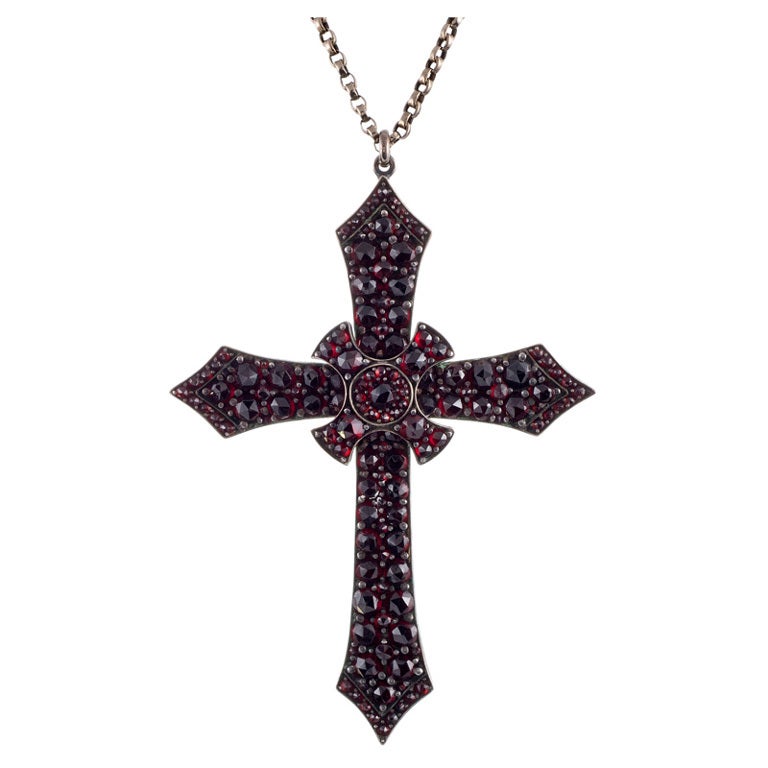Large Stylized Antique Garnet and Silver Victorian Cross