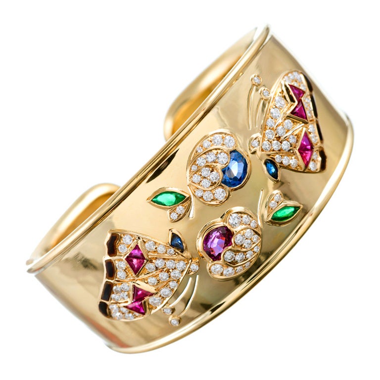 Gemstone Diamond Gold Cuff with Butterflies and Flowers Motif For Sale