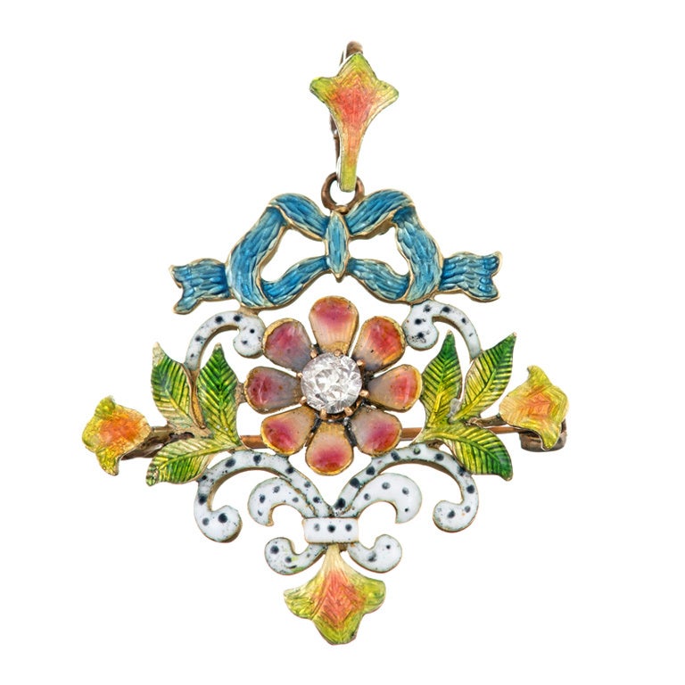 Art Nouveau Enamel Diamond Pin Pendant