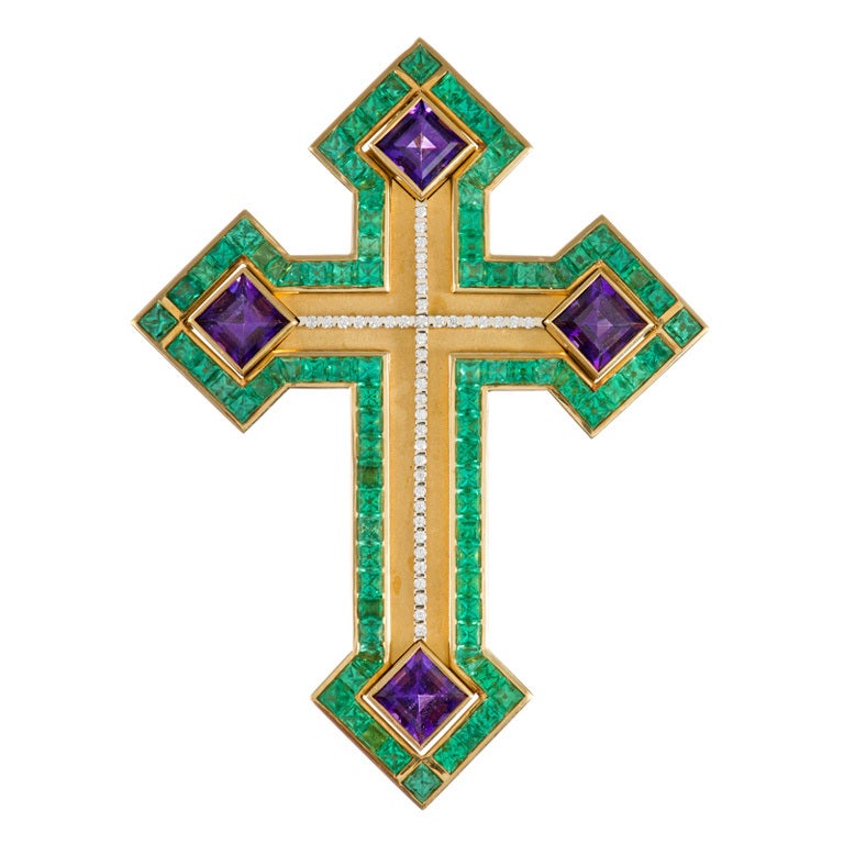 Magnificent Emerald Amethyst Diamond Gold Extra Large Cross Pin Pendant
