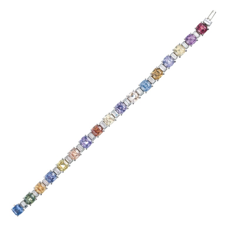 Mixed Cut Magnificent 'No Heat' Colored Sapphire and Diamond Tennis Bracelet