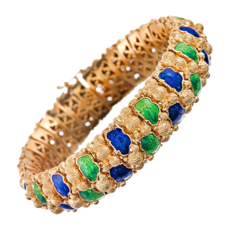 Textured Gold Bracelet Navy Blue and Grass Green Enamel