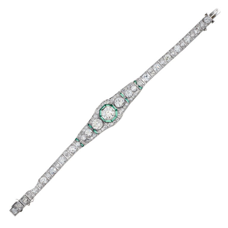 Women's Diamond and Emerald Art Deco Platinum Bracelet