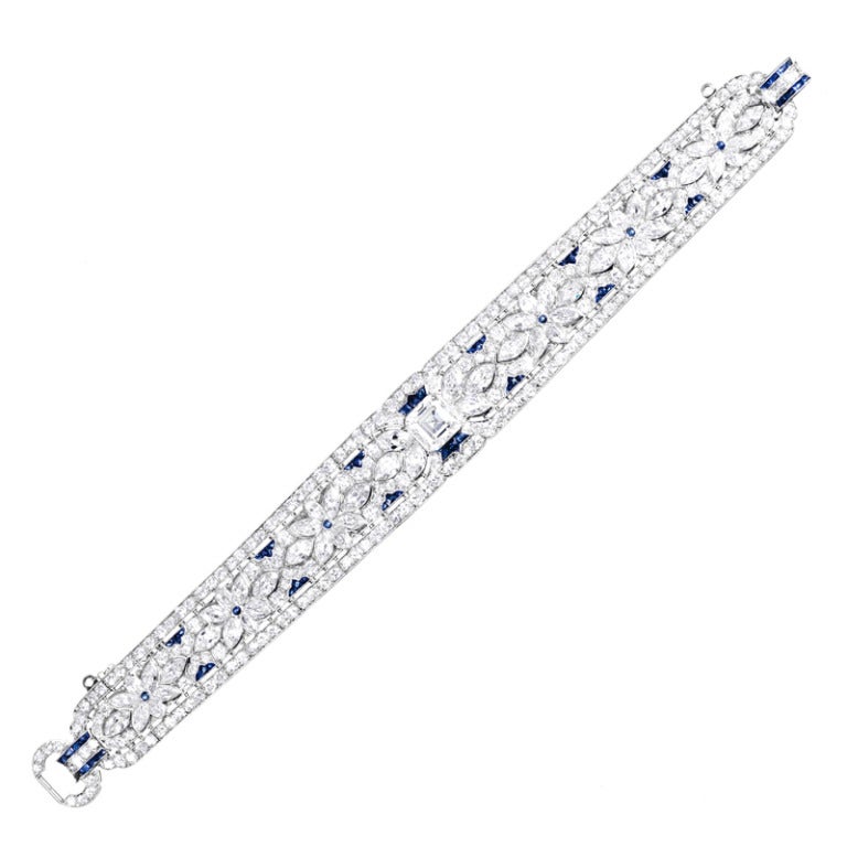 Among the finest art deco bracelets we have had the pleasure of offering... With a 2.17 carat asscher cut diamond center (I-J color, Vvs2 clarity) and an astounding additional 19.05 carats of round- and marquis diamonds, this would be the paramount