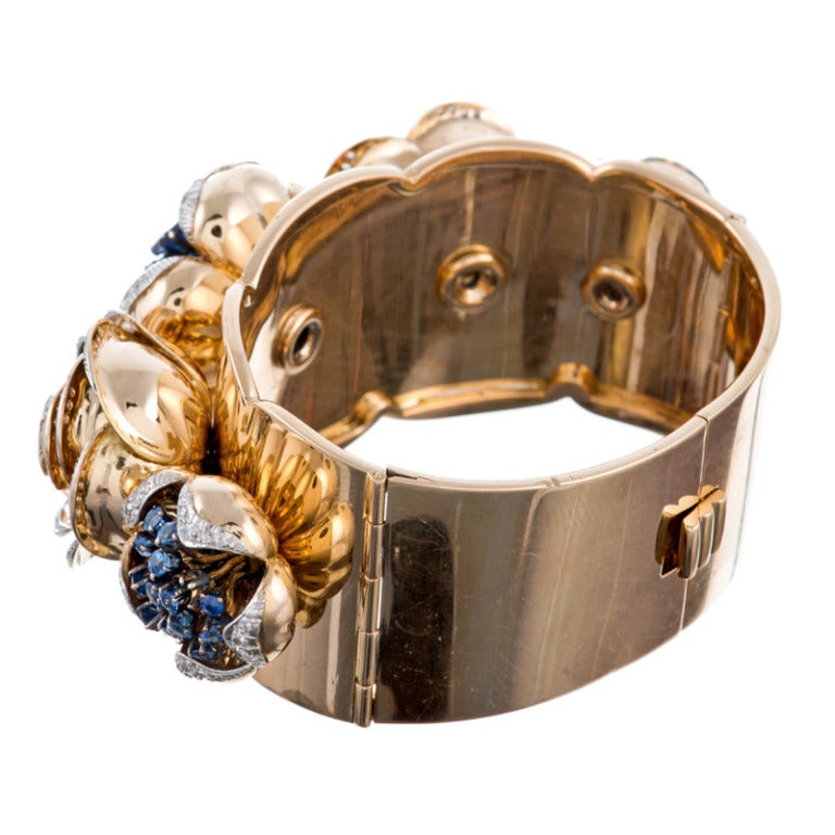 Retro 1940s Sapphire Diamond Rose Gold Cuff Bracelet In Excellent Condition In Carmel-by-the-Sea, CA