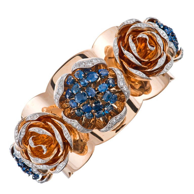 Retro 1940s Sapphire Diamond Rose Gold Cuff Bracelet