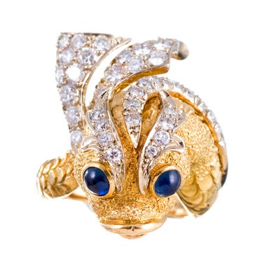 Sapphire and Diamond Sculptural Fish Ring