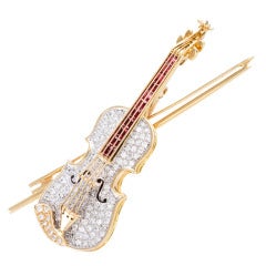 Diamond and Ruby Vintage Violin Brooch in Yellow Gold