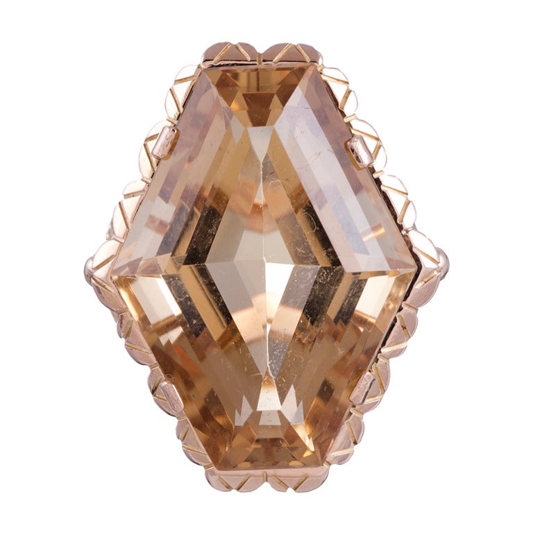 Large Retro Hexagonal Citrine Rose Gold Ring