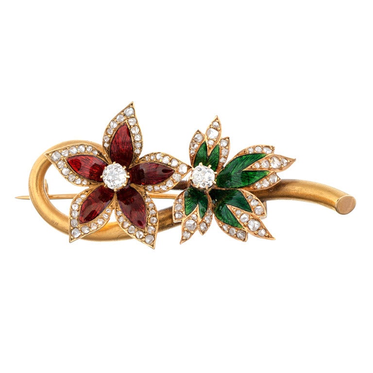 Red and Green Enamel Diamond Yellow Gold Flower Pin
