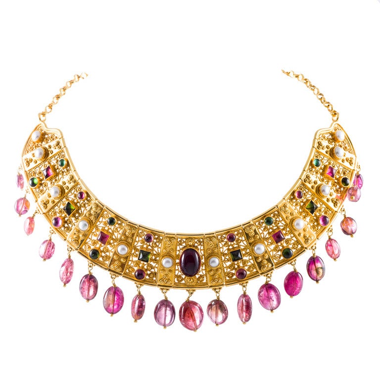 Pink & Green Tourmaline and Pearl Yellow Gold Handmade Necklace