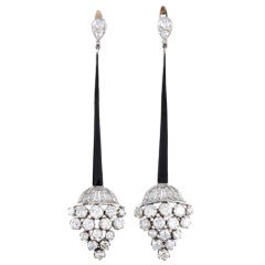 Diamond and Enamel Long Dangle Platinum Earrings