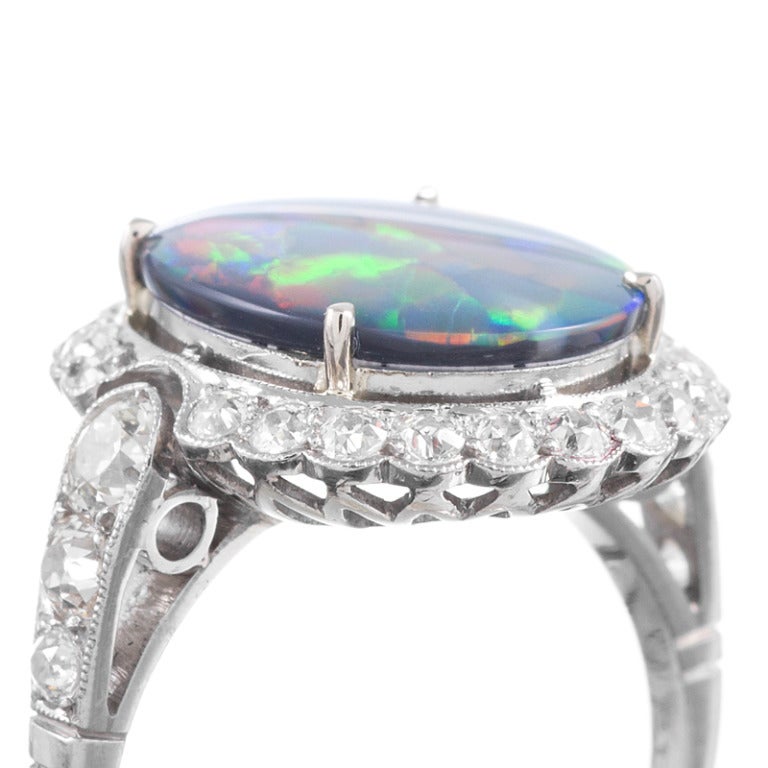 Lightning Ridge Black Opal & Diamond French Ring In Excellent Condition In Carmel-by-the-Sea, CA
