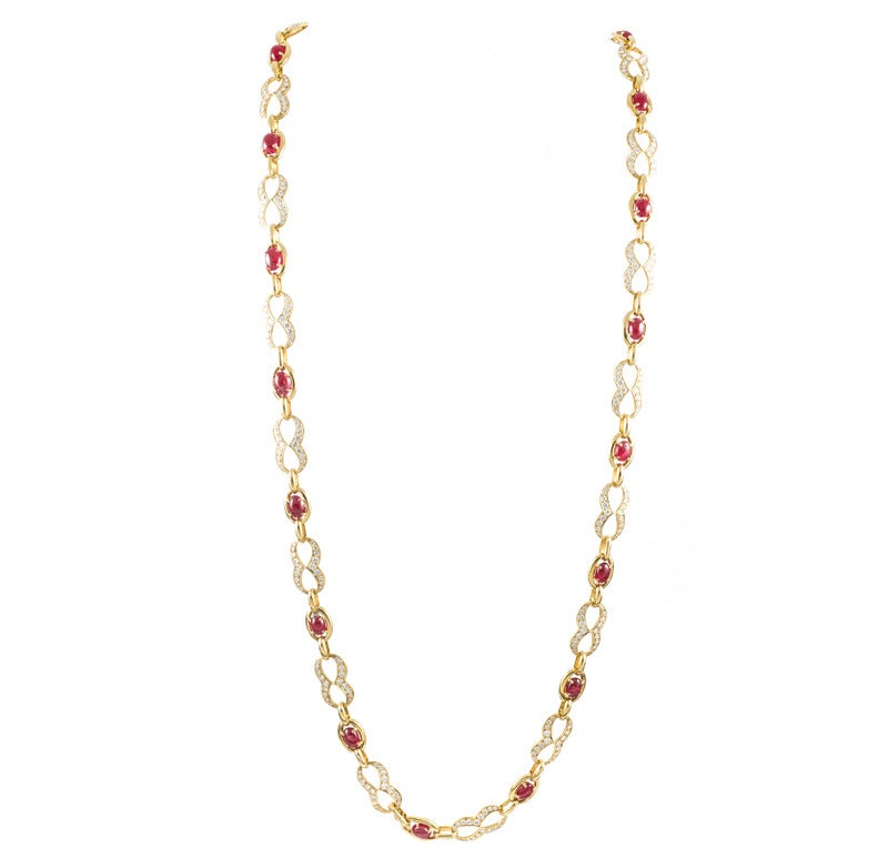French Long Yellow Gold, Ruby Cabochon and Diamond Neck Chain