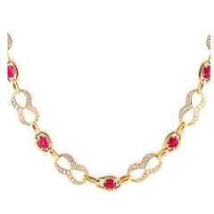 French Long Yellow Gold, Ruby Cabochon and Diamond Neck Chain