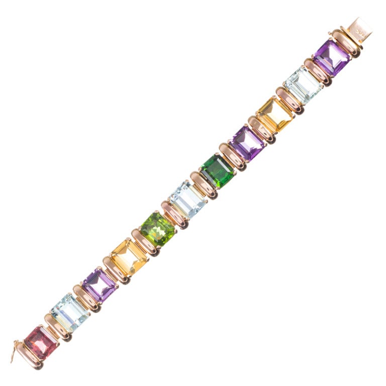 Retro Multi-Gem Rose Gold 1940s Bracelet In Excellent Condition In Carmel-by-the-Sea, CA