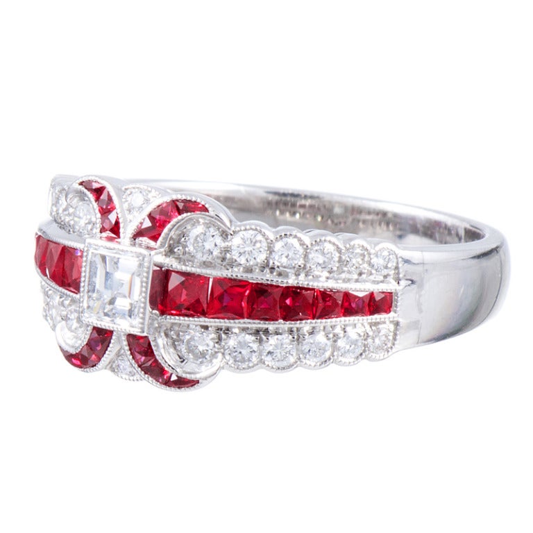 Immaculately detailed ring, conceived in the classic art deco style. Platinum, with approximately one carat of diamonds and one carat of rubies. Lucie Campbell creates what are arguably the finest modern renderings of this celebrated era. Each