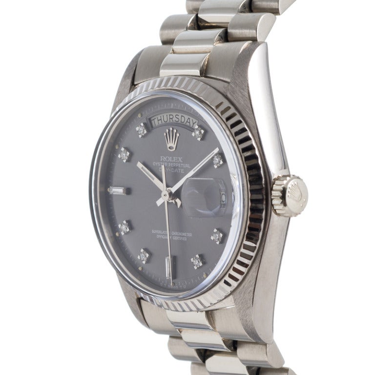 18k white gold Rolex Day-Date wristwatch with a slate-color 