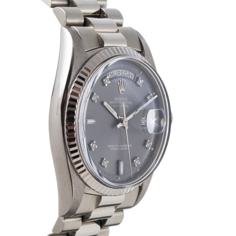 Rolex British Hallmark White Gold Day-Date with Diamond Dial Ref 1803 circa 1970 In Excellent Condition In Carmel-by-the-Sea, CA