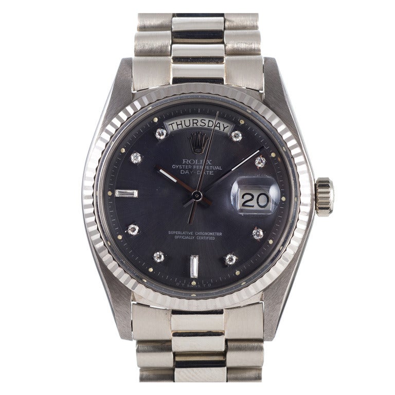 Rolex British Hallmark White Gold Day-Date with Diamond Dial Ref 1803 circa 1970