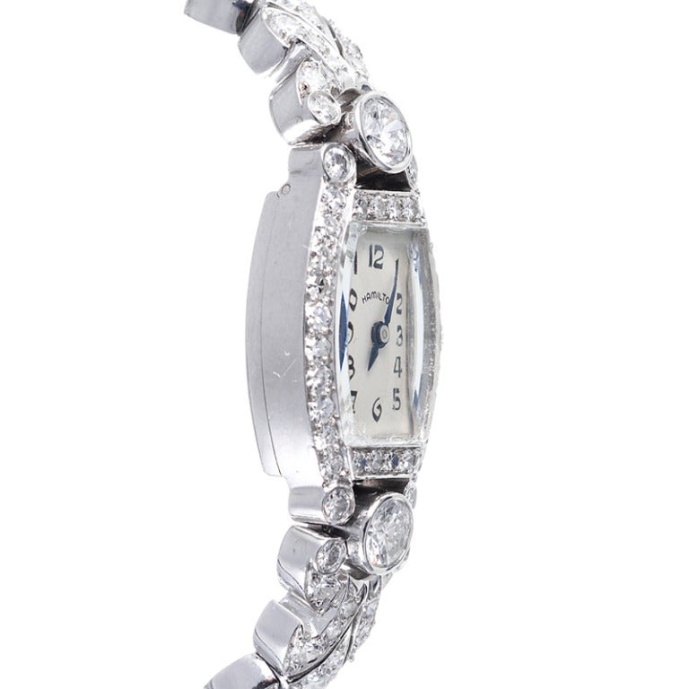 Hamilton Lady's Platinum and Diamond Bracelet Watch circa 1950 In Excellent Condition In Carmel-by-the-Sea, CA