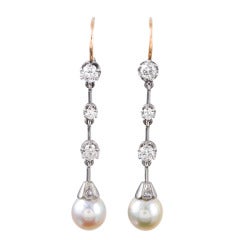 Edwardian Diamond and Pearl Drop Platinum Earrings