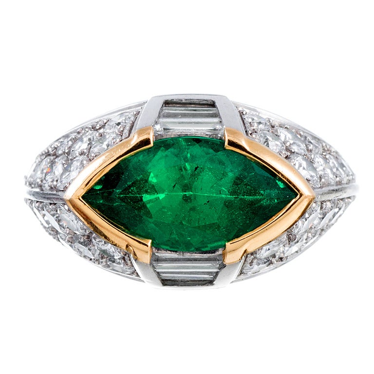 Contemporary Hand Made Marquise Emerald and Diamond Ring