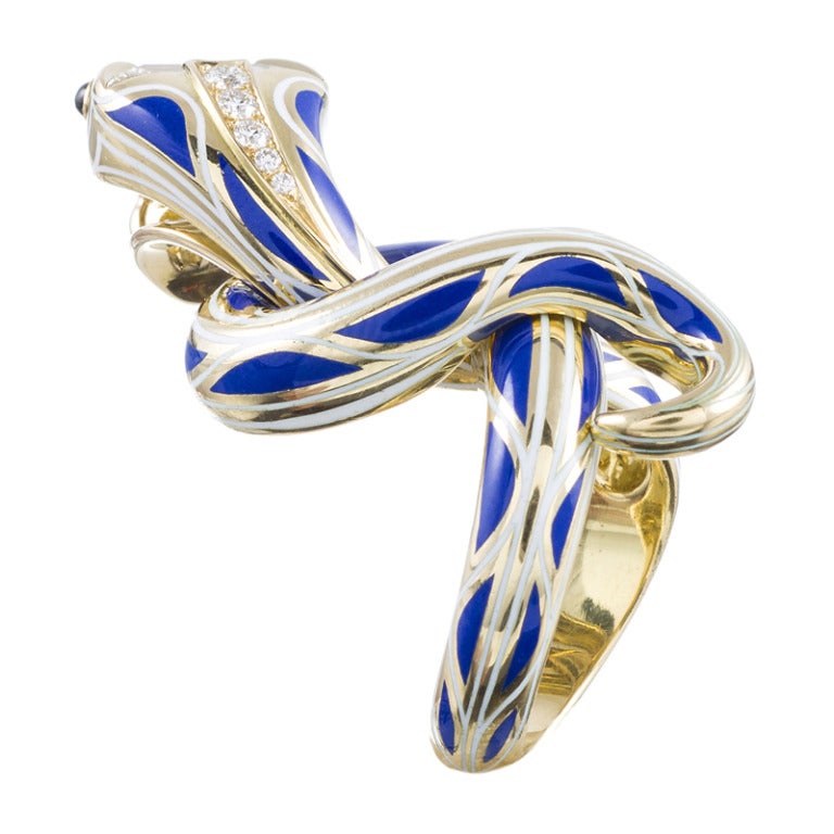Enamel Diamond Gold Serpent Sculpture Ring Masterpiece 1