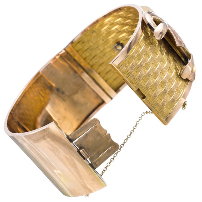This is a great variation of classic and ever-celebrated buckle jewelry. 1 3/8 inches wide and suitable for a larger wrist, this is a very assertive size for a Victorian piece and has the presence of a modern bracelet, yet the charm of an antique.