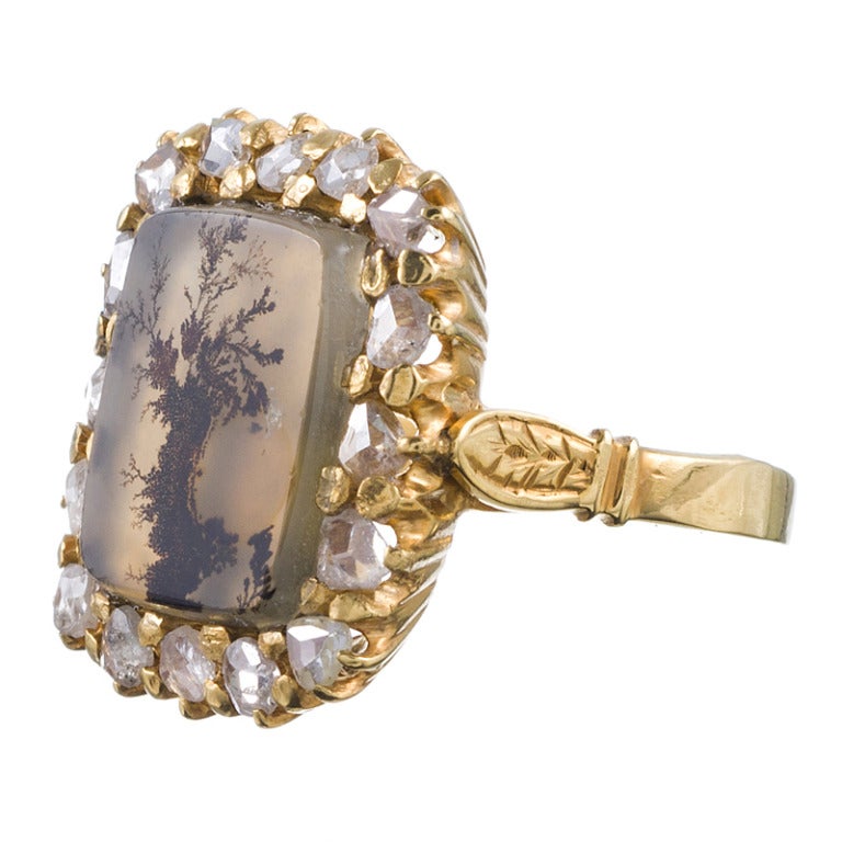 Antique "Picture Frame" Moss Agate and Rose Cut Diamond Ring at 1stDibs