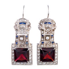 Red Garnet Sapphire Diamond Art Deco Drop Earrings