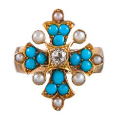 Antique Victorian English Turquoise, Pearl and Diamond Ring