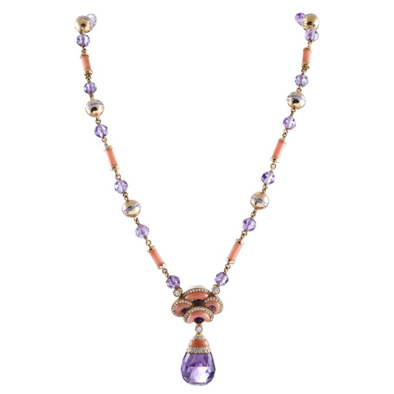 Zeitgenössisches Jugendstil-Halsband aus Koralle:: Amethyst und Diamant im Zustand „Hervorragend“ in Carmel-by-the-Sea, CA