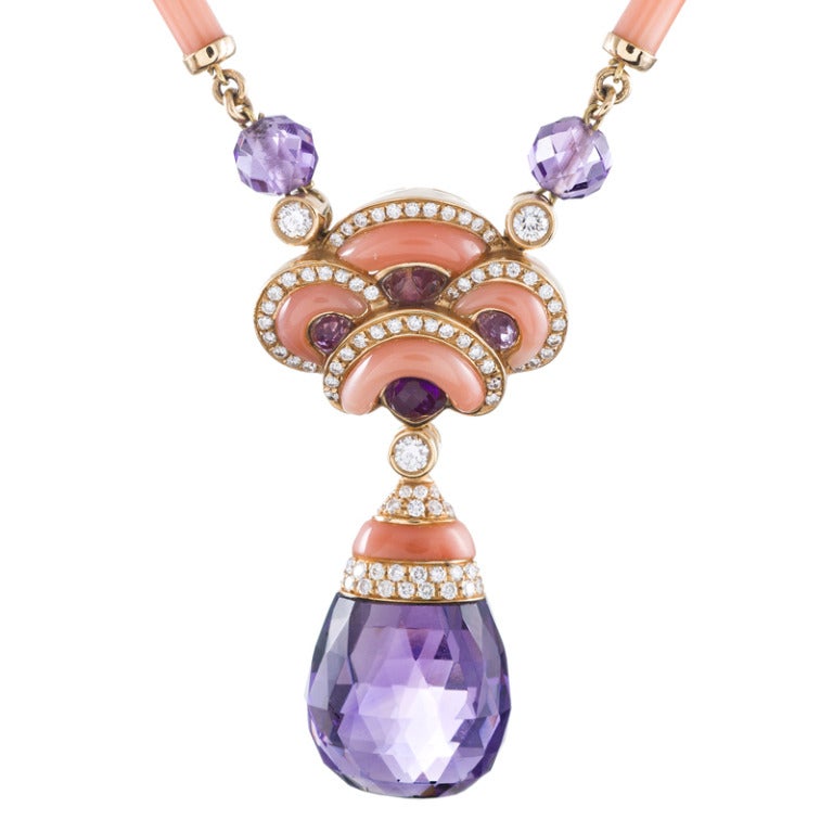 Zeitgenössisches Jugendstil-Halsband aus Koralle:: Amethyst und Diamant Damen