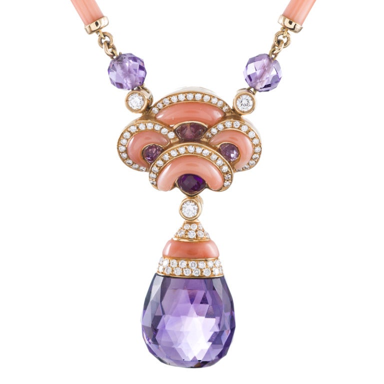 Contemporary Art Nouveau Coral, Amethyst and Diamond Necklace In Excellent Condition In Carmel-by-the-Sea, CA