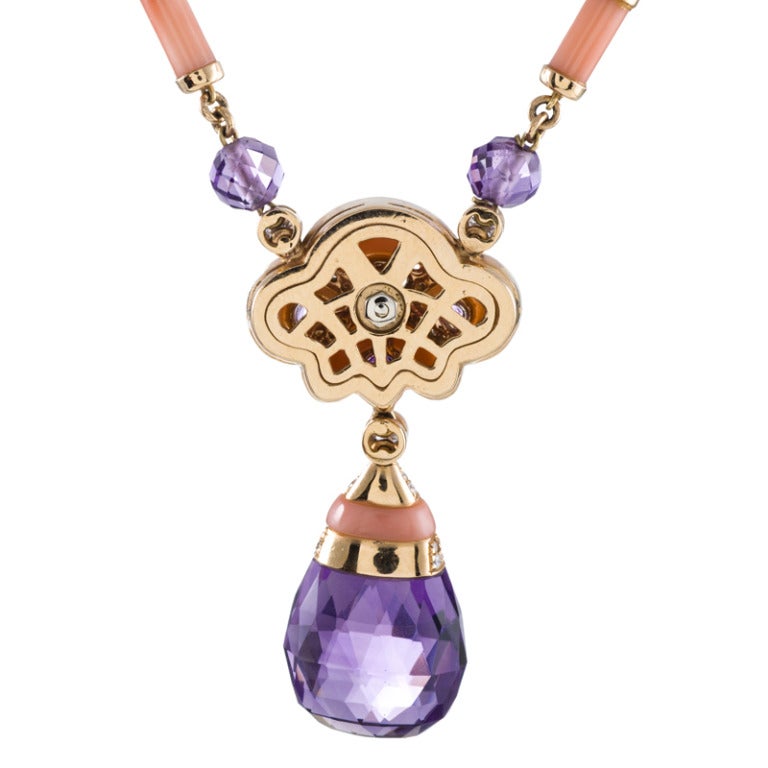 Women's Contemporary Art Nouveau Coral, Amethyst and Diamond Necklace