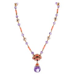 Contemporary Art Nouveau: Coral, Amethyst and Diamond Necklace 4